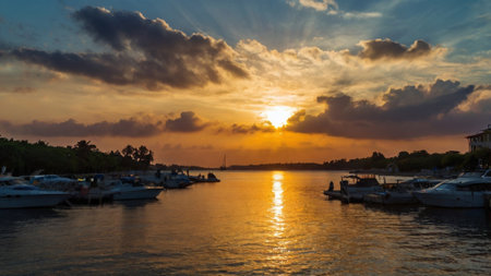 Sunset over the marina in Key Biscayne, Florida.の写真素材