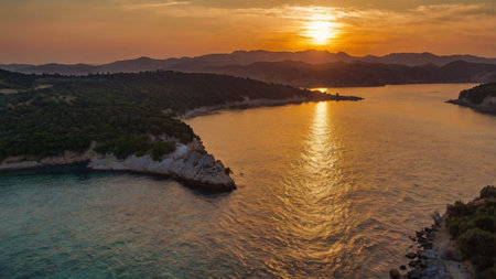 Aerial view of beautiful sunset over the Adriatic Sea in Croatiaの写真素材