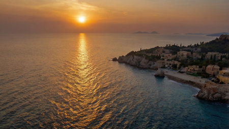 Aerial view of the sunset over the seaの写真素材