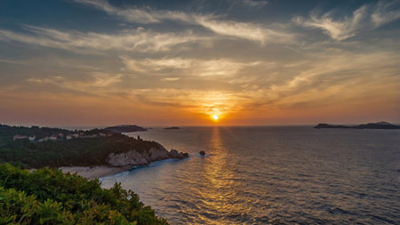 Panoramic view of the sunset over the sea in Budva, Montenegroの写真素材