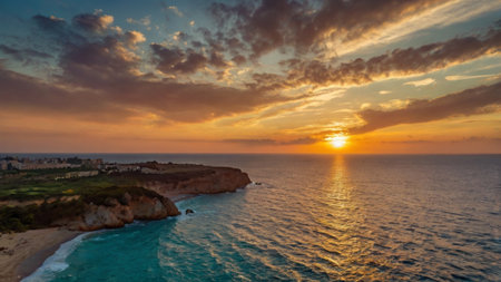 Aerial view of beautiful sunset in Algarve, Portugal.の写真素材