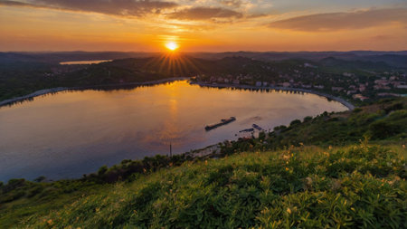 Panoramic view of the sea coast at sunset in Croatia.の写真素材