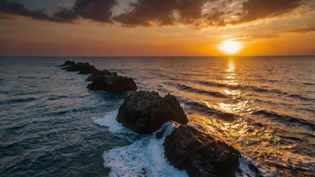 Beautiful seascape at sunset. Panoramic view.の写真素材