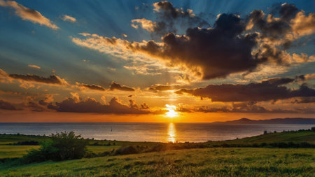 Beautiful sunset over the sea. Landscape with clouds and sun.の写真素材