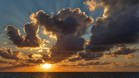 Beautiful sunset over the sea with clouds and rays of light.