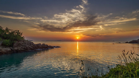 Sunset on the beach of the island of Corfu, Greeceの写真素材