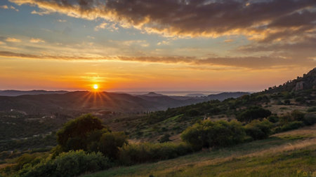 Sunset in the mountains of the Apennines in Tuscanyの写真素材