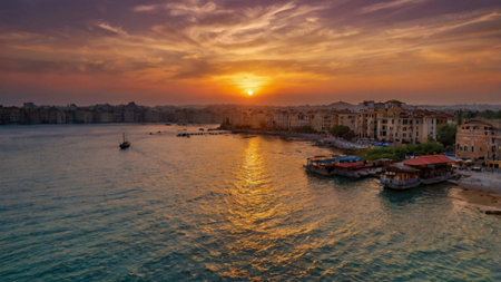 Panoramic view of the old city of Rhodes at sunset, Greeceの写真素材