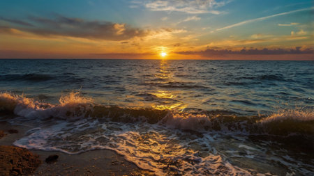 Beautiful sunset over the sea. Panoramic view of a beautiful sunset over the sea.の写真素材