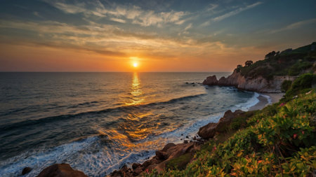 Sunset over the Atlantic Ocean in Costa Brava, Catalonia, Spainの写真素材