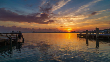 Beautiful sunset at the jetty in Cayo Largo, Cubaの写真素材