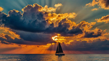 Sailing yacht in the sea at sunset. Dramatic sky with clouds.の写真素材