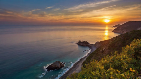 Sunset over the ocean. Panoramaの写真素材