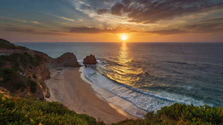 Sunset over Praia da Rocha in Algarve, Portugalの写真素材