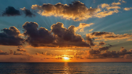 Beautiful sunset over the sea with clouds and rays of light.の写真素材
