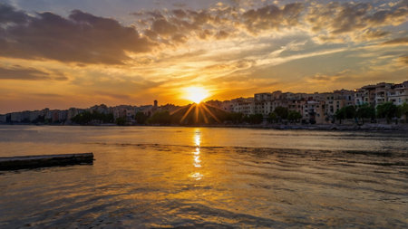 Sunset over the city of Trieste, Italy. Trieste is a city in northern Italy.の写真素材