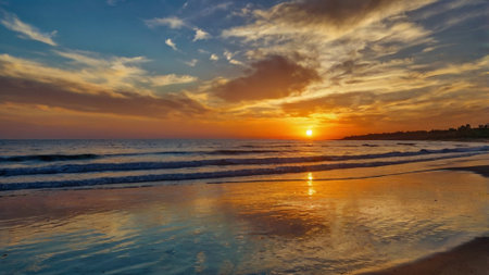 Beautiful sunset on the beach in Sri Lanka. Panorama.