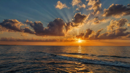 Sunset over the sea with clouds and rays of light on the horizon