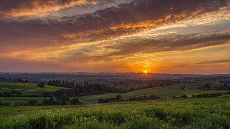 Sunset over the hills of South Moravia in Czech Republic.の写真素材