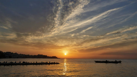 Sunset in the Mediterranean Sea in Antalya, Turkey.の写真素材