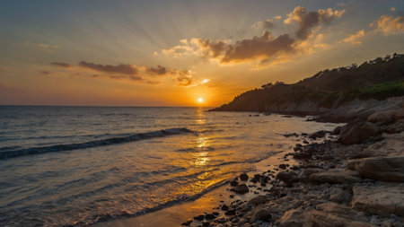 Sunset on the beach of the Mediterranean Sea, Montenegro.の写真素材