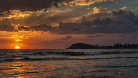 Sunset on the beach of the island of Ibiza, Balearic Islands, Spainの写真素材