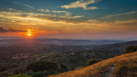 Sunset over the hills of Tuscany, Italy. Panoramaの写真素材