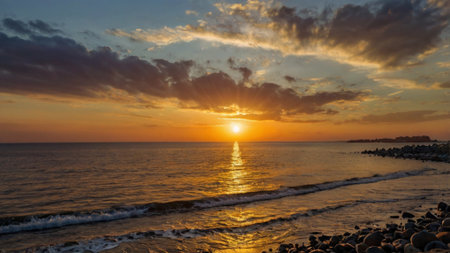 Sunset on the beach of the Baltic Sea in Kolobrzegの写真素材