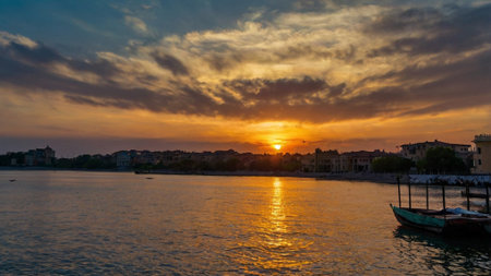 Sunset over the sea in Rethymno Crete Greeceの写真素材