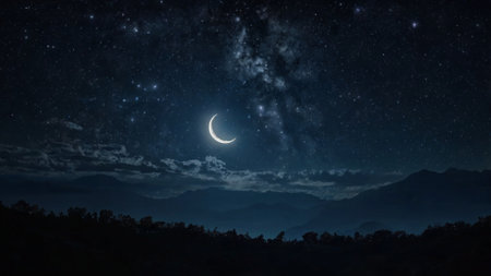 Moon and stars in the night sky.の写真素材