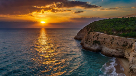 Beautiful sunset over the sea and cliffsの写真素材