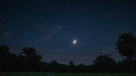 Night sky with stars and the moon over the field. Long exposure.の写真素材