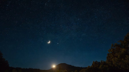 Moon and stars in the night sky. Long exposure photograph with grain