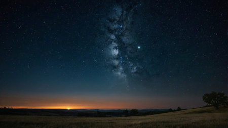 Milky Way over the field at night. Starry sky.