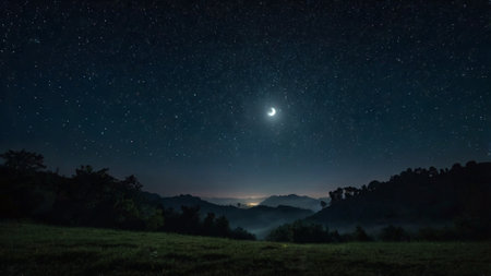 Night sky with stars and moon over the mountains. Long exposure photograph.の写真素材
