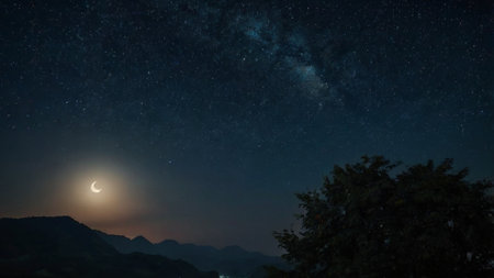 Night landscape with starry sky and milky way. Panorama