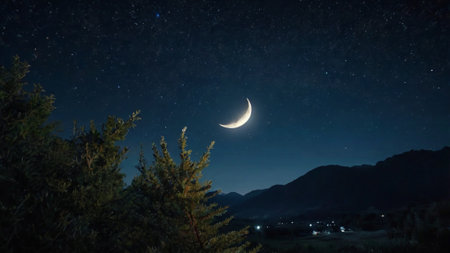 Night sky with stars and the moon. The moon over the mountains.の写真素材