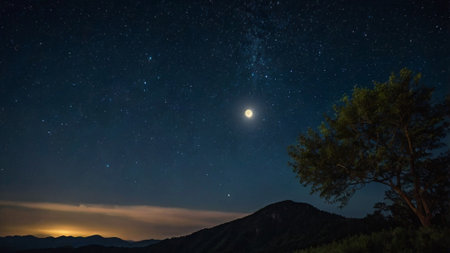 Night sky with stars and milky way over mountains and tree.の写真素材