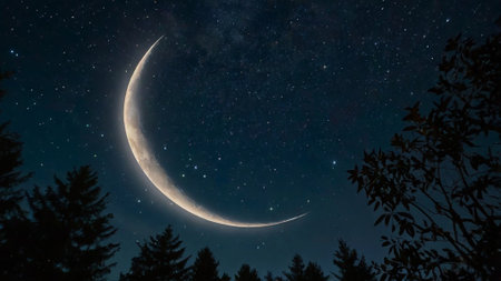 Crescent moon in the night sky with stars and silhouette of trees