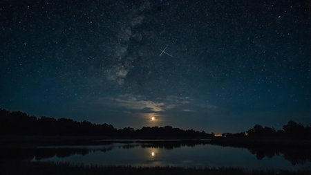 Night landscape with milky way and stars over the lake. Long exposure