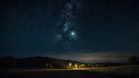 Night sky with stars and milky way over the field. Long exposure.の写真素材