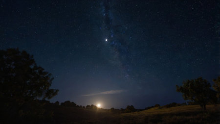 Milky Way over the hill at night. Long exposure photograph.の写真素材