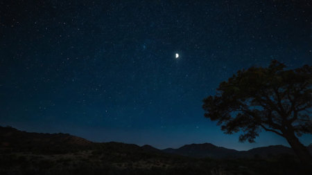 Night starry sky with stars and the silhouette of a tree.の写真素材