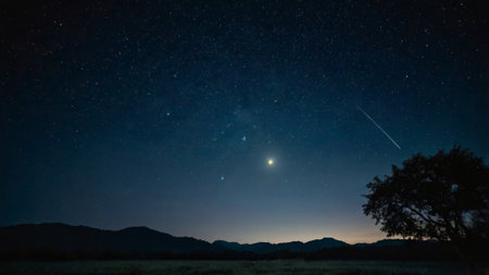Night sky with stars and milky way over the mountain range.