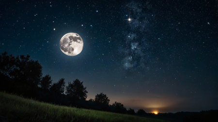 Night sky with stars and full moon. The moon in the night sky.の写真素材