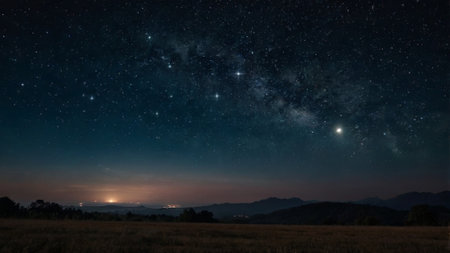 Night sky with stars and milky way over the meadow.