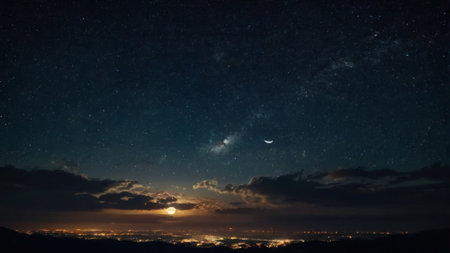 Night sky with stars and milky way. Panoramic viewの写真素材