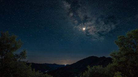 Milky way over the mountains at night with stars and moon.の写真素材