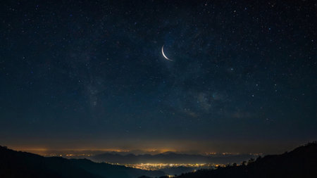 Night sky with stars and milky way over the mountain range.の写真素材