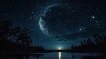 Night sky with full moon and stars over the forest lake. 3D renderingの写真素材